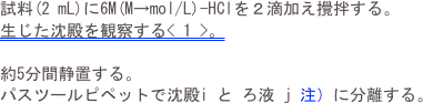 試料(2 mL)に6M(M→mol/L)-HClを２滴加え攪拌する。
生じた沈殿を観察する< 1 >。
約5分間静置する。パスツールピペットで沈殿i と ろ液 j 注）に分離する。
